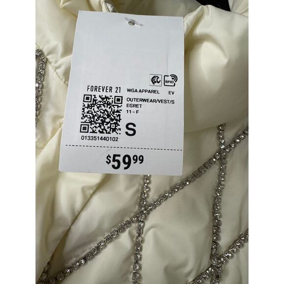 Forever 21 Embellished Puffer Vest – Cream Egret – Rhinestone Trim – Size Small - Picture 5 of 8